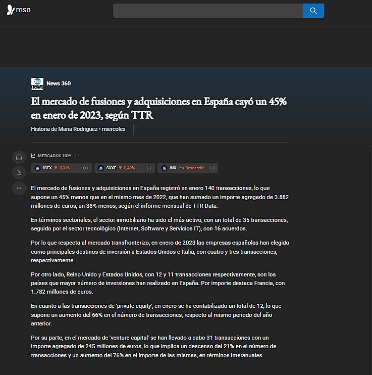 El mercado de fusiones y adquisiciones en Espaa cay un 45% en enero de 2023, segn TTR